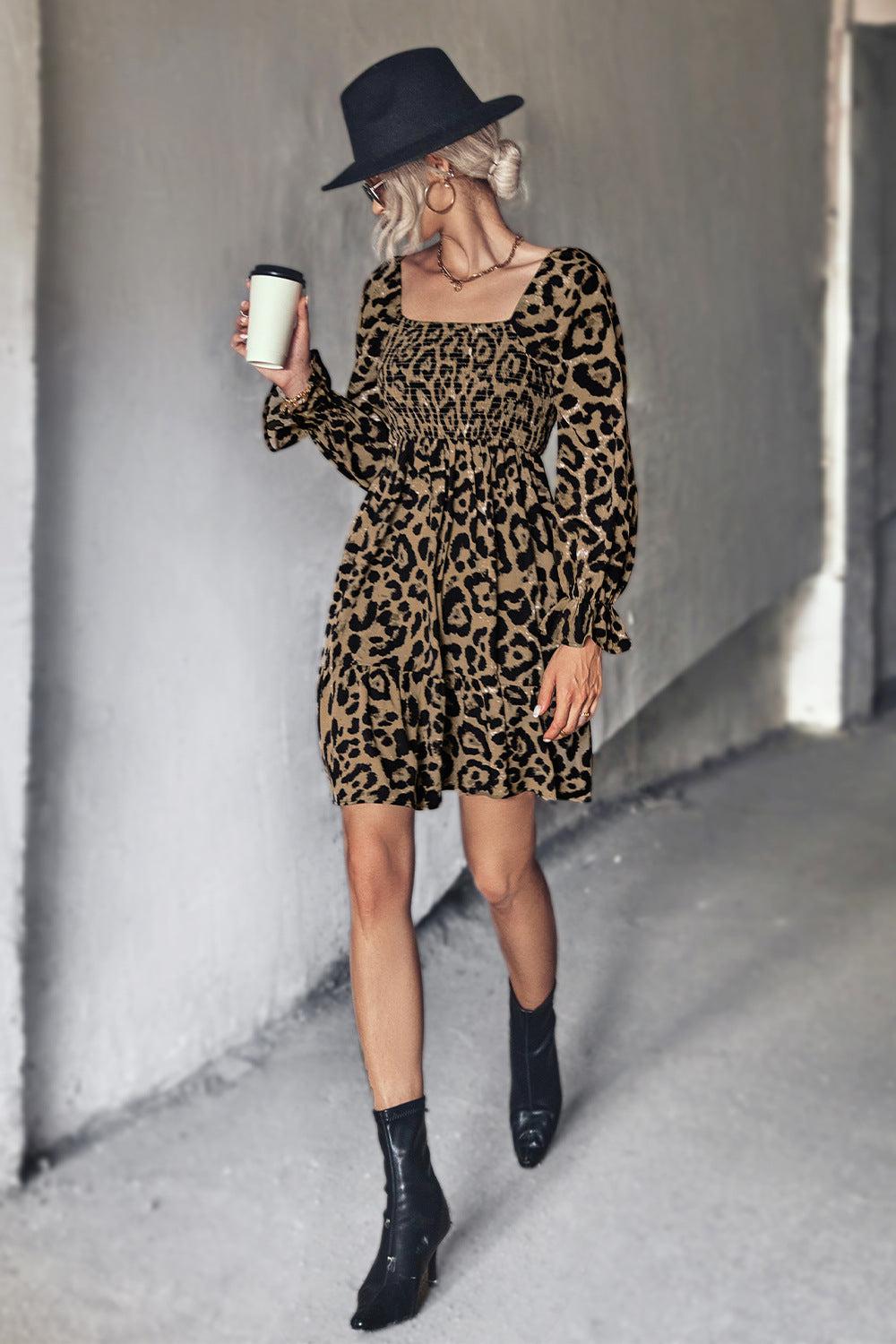 Leopard Smocked Flounce Sleeve Tiered Dress-TOPS / DRESSES-[Adult]-[Female]-Blue Zone Planet