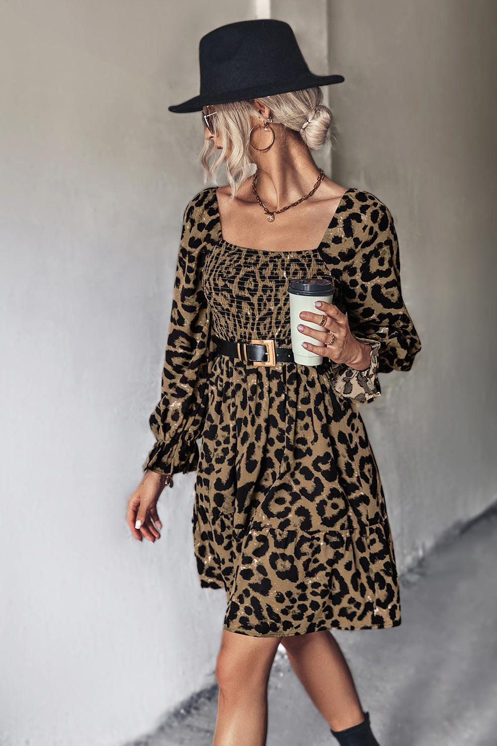 Leopard Smocked Flounce Sleeve Tiered Dress-TOPS / DRESSES-[Adult]-[Female]-Brown-S-Blue Zone Planet