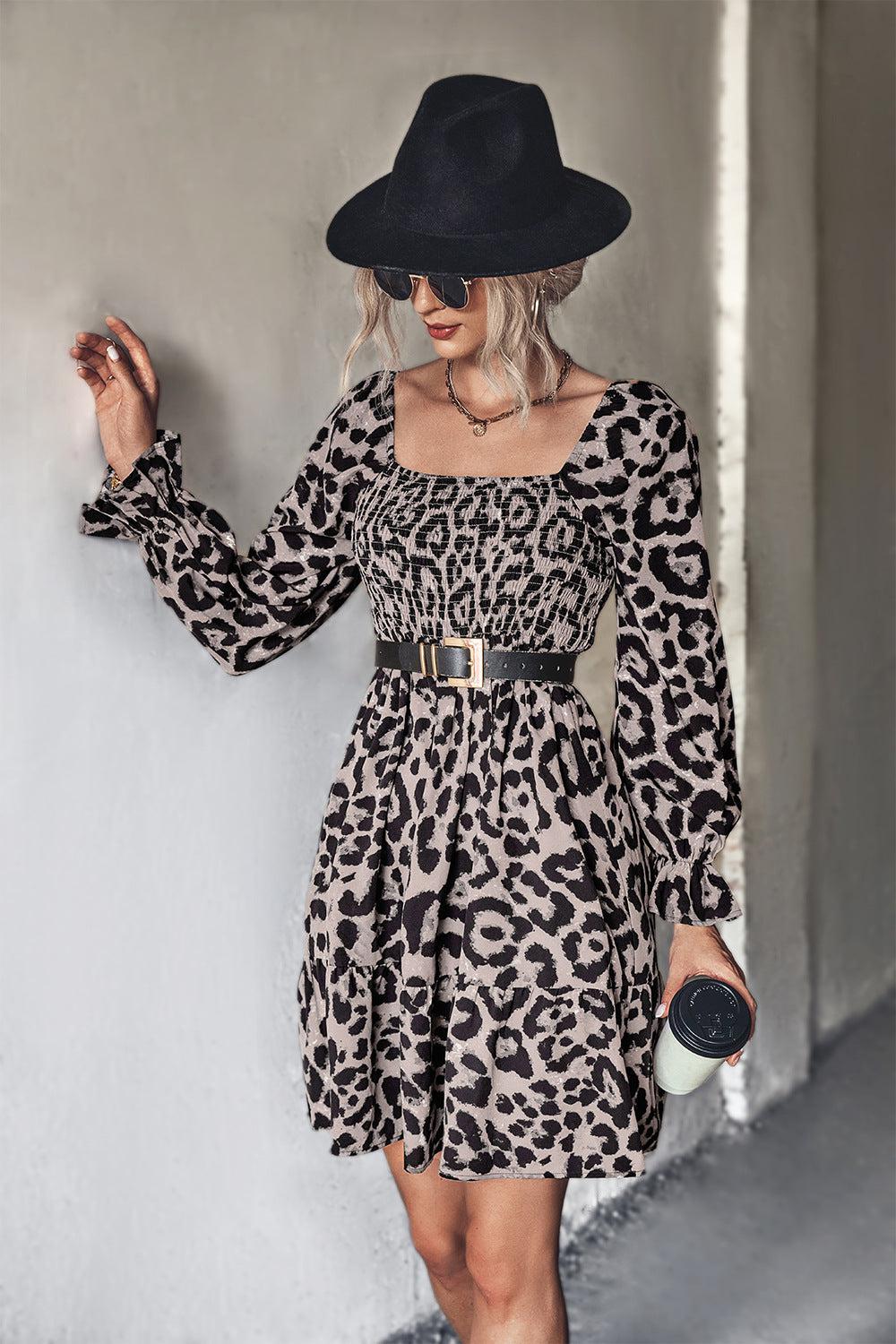 Leopard Smocked Flounce Sleeve Tiered Dress-TOPS / DRESSES-[Adult]-[Female]-Gray-S-Blue Zone Planet