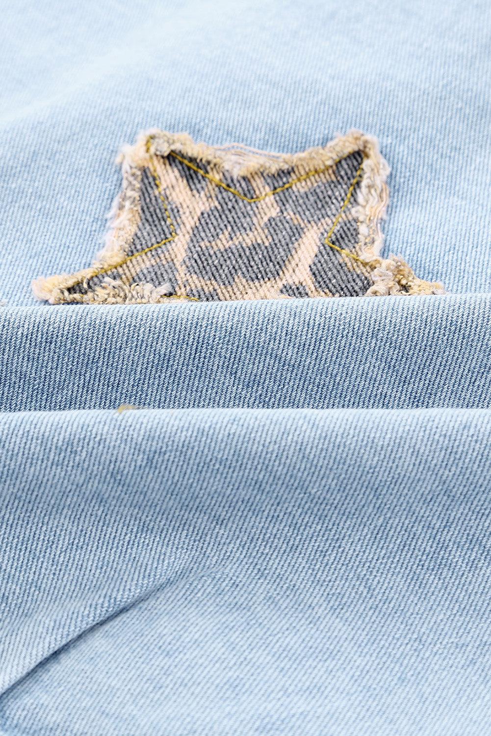 Leopard Star Applique Distressed Denim Jacket-TOPS / DRESSES-[Adult]-[Female]-2022 Online Blue Zone Planet