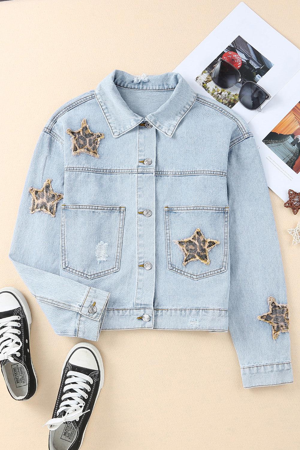 Leopard Star Applique Distressed Denim Jacket-TOPS / DRESSES-[Adult]-[Female]-Sky Blue-S-2022 Online Blue Zone Planet