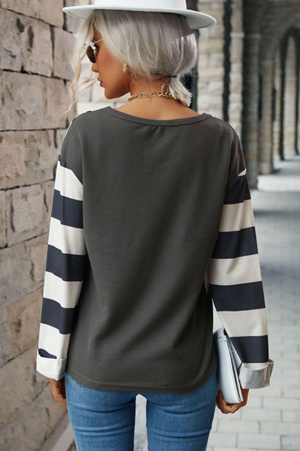 Leopard Striped Round Neck Long Sleeve Tee BLUE ZONE PLANET