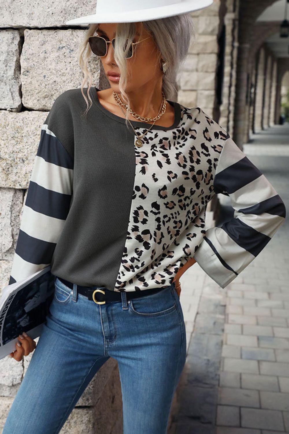 Leopard Striped Round Neck Long Sleeve Tee BLUE ZONE PLANET