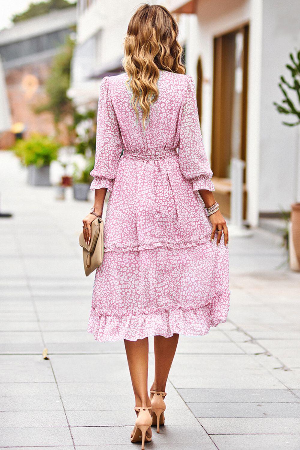 Leopard Surplice Tie Belt Slit Midi Dress BLUE ZONE PLANET