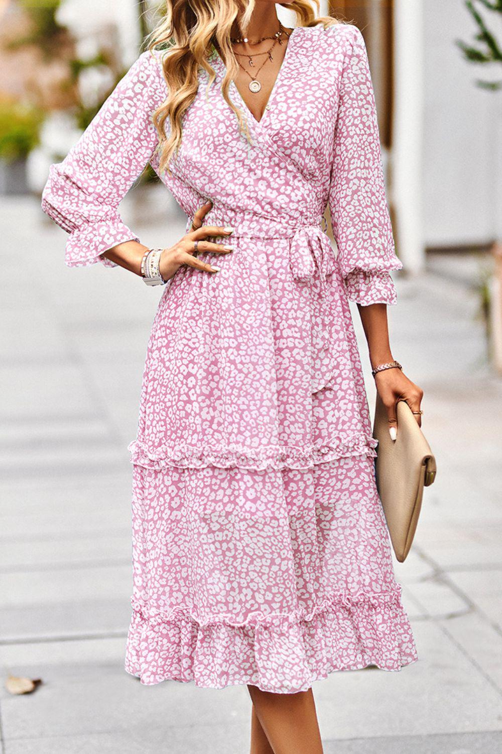 Leopard Surplice Tie Belt Slit Midi Dress BLUE ZONE PLANET