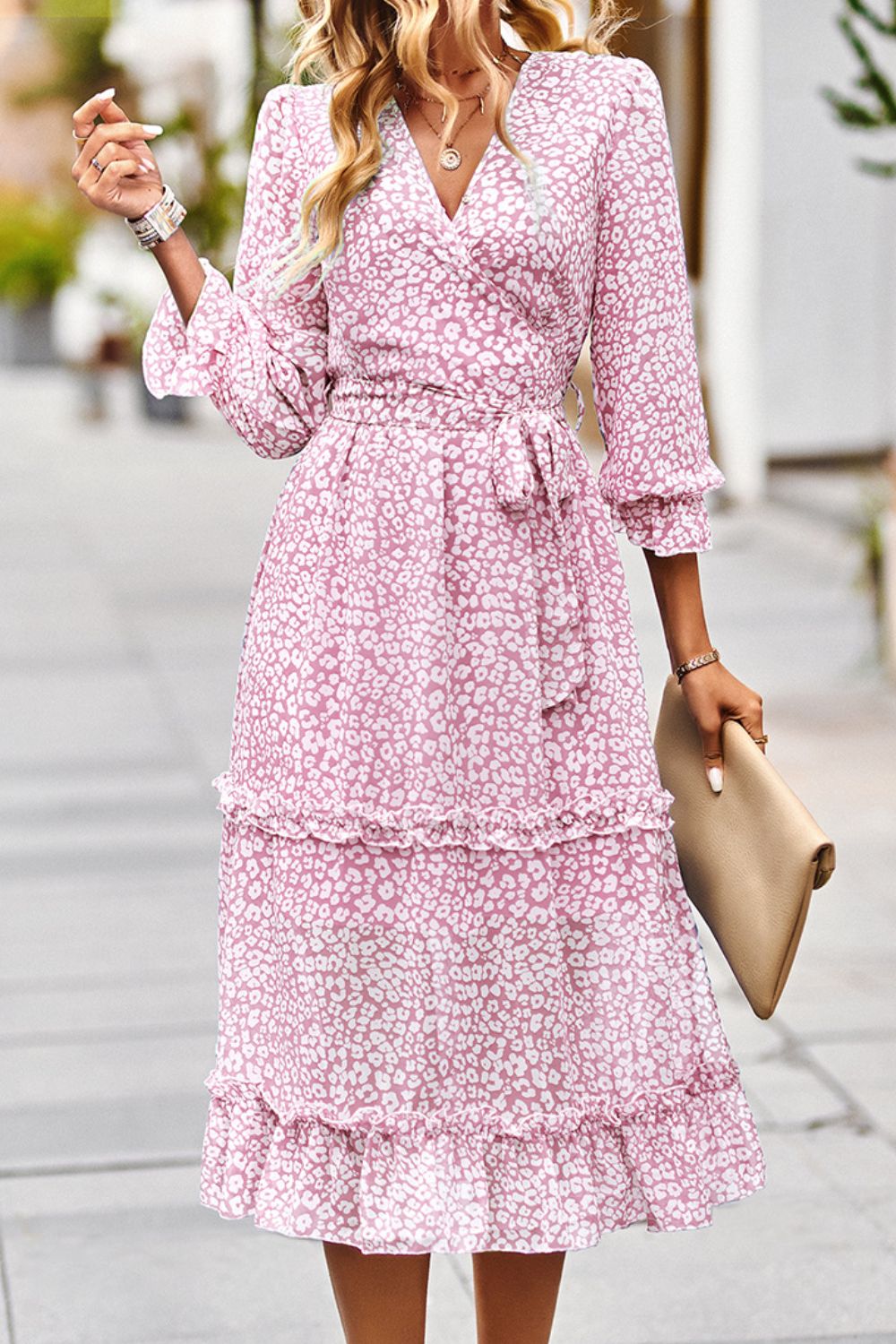 Leopard Surplice Tie Belt Slit Midi Dress BLUE ZONE PLANET