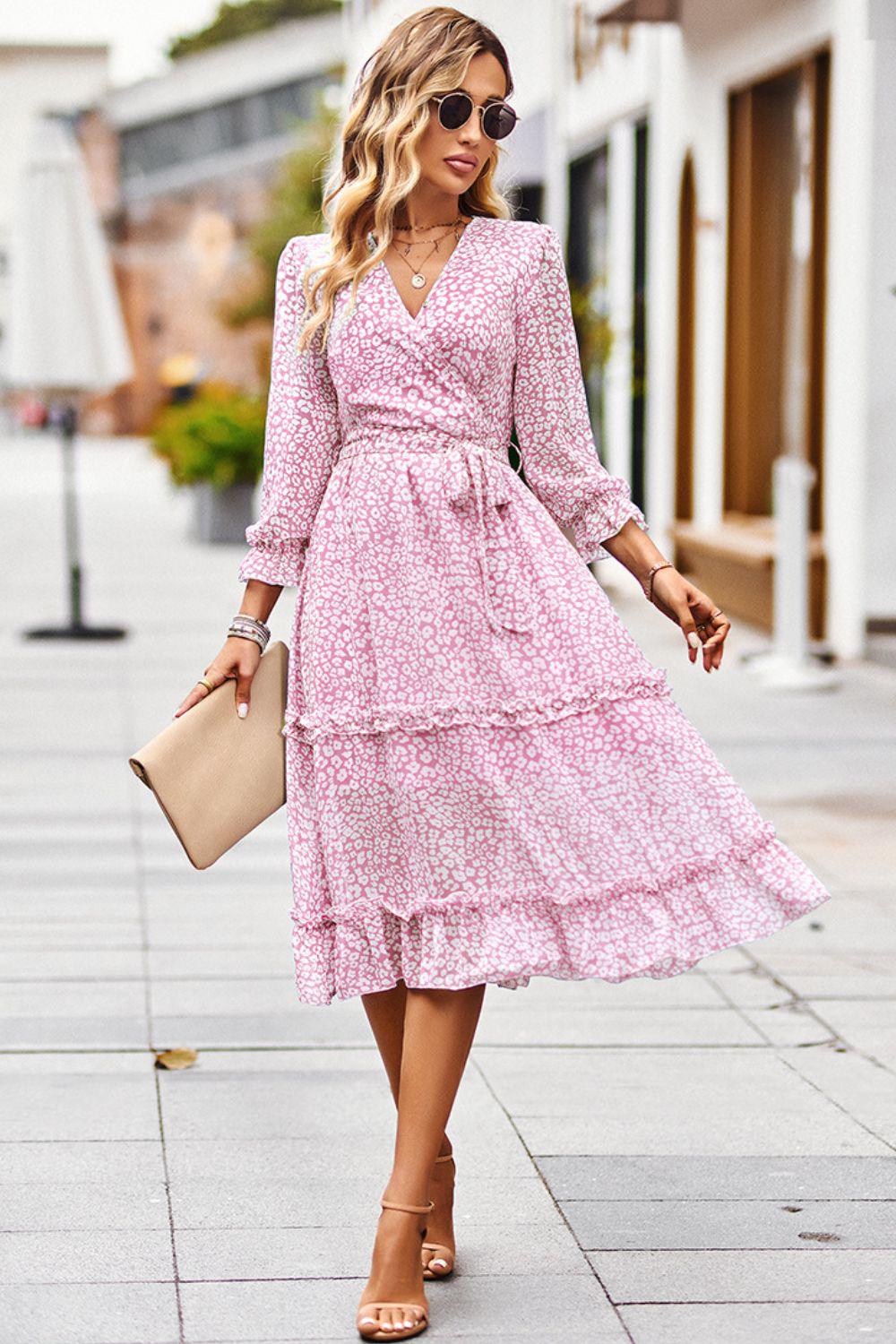 Leopard Surplice Tie Belt Slit Midi Dress BLUE ZONE PLANET