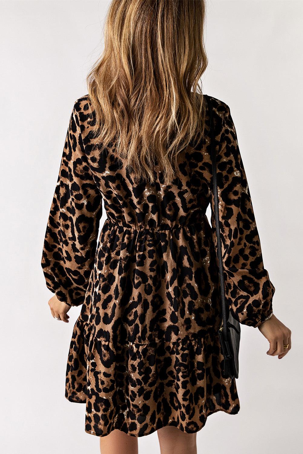 Leopard V-Neck Balloon Sleeve Tiered Dress BLUE ZONE PLANET