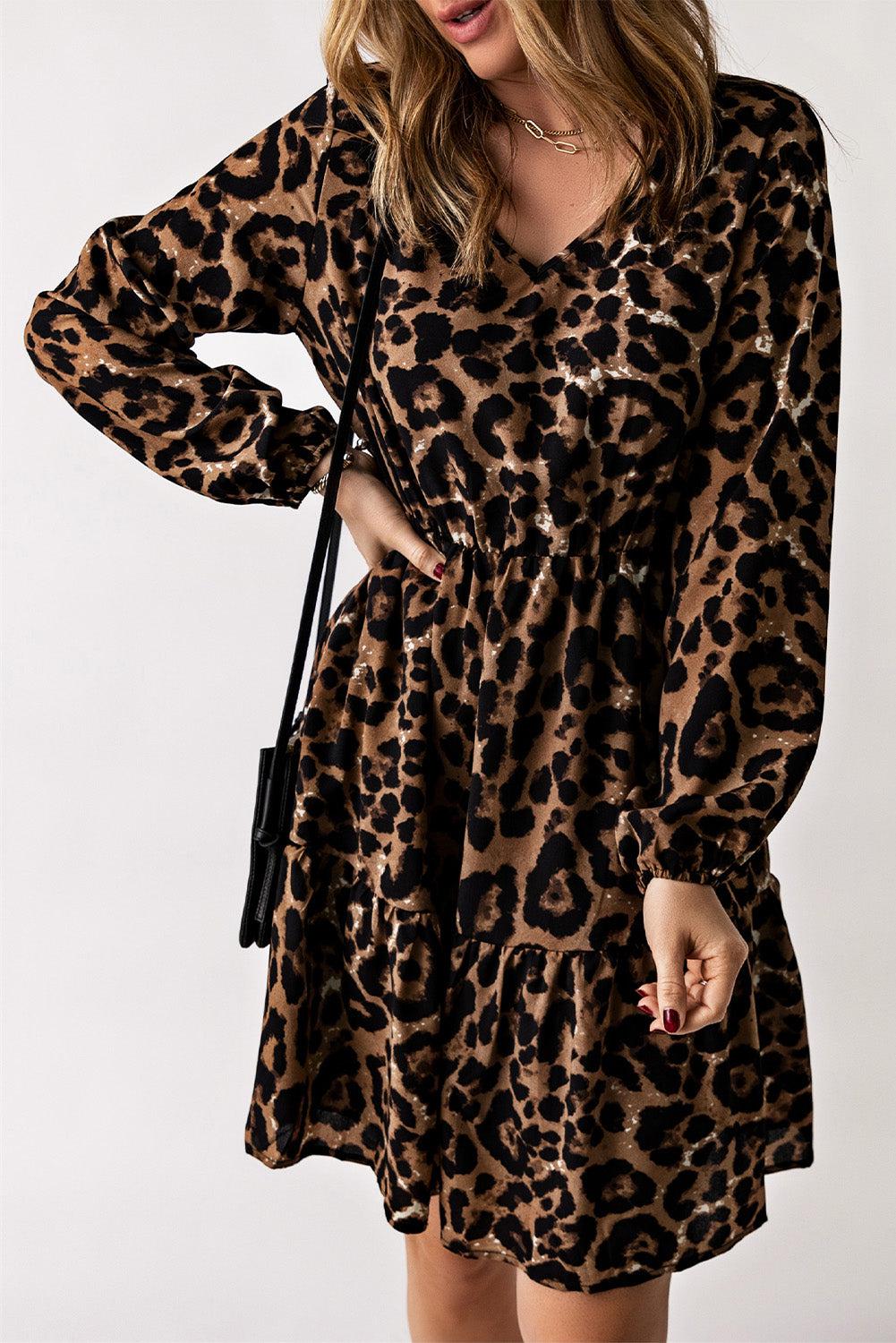 Leopard V-Neck Balloon Sleeve Tiered Dress BLUE ZONE PLANET