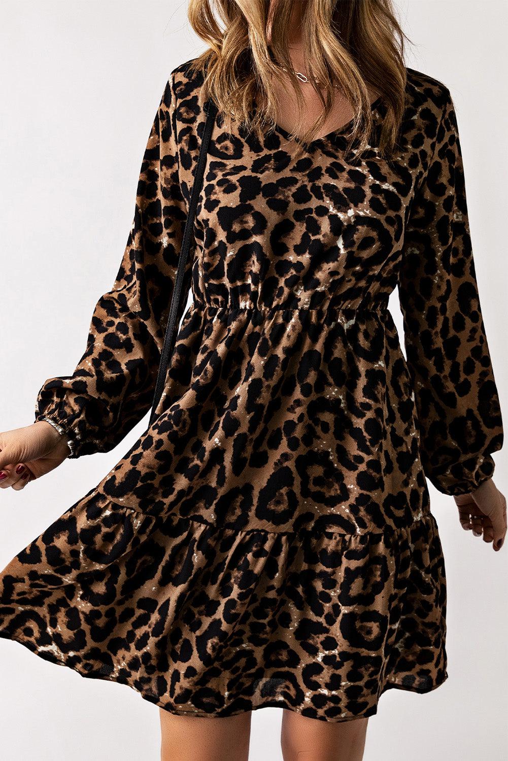 Leopard V-Neck Balloon Sleeve Tiered Dress BLUE ZONE PLANET