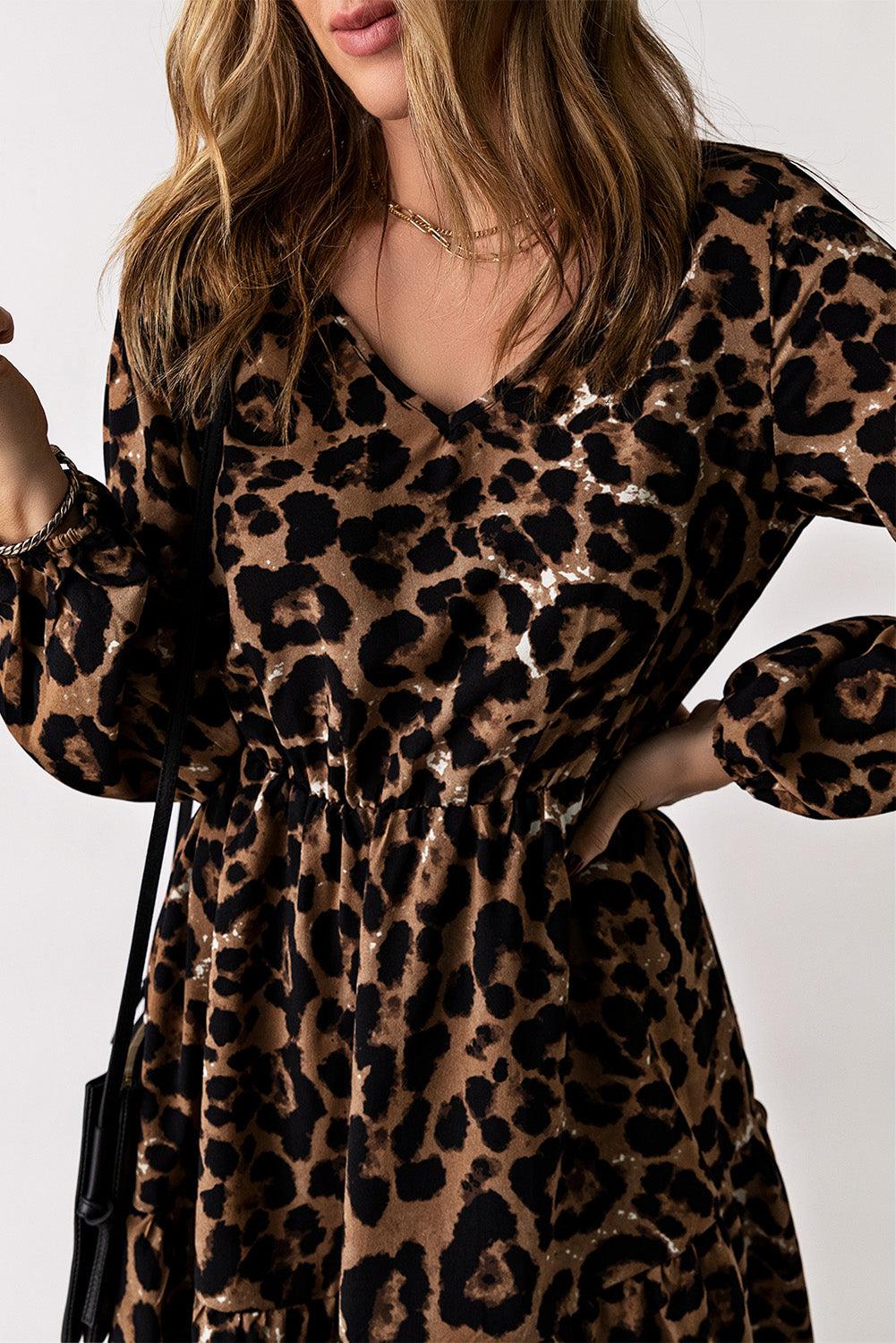 Leopard V-Neck Balloon Sleeve Tiered Dress BLUE ZONE PLANET