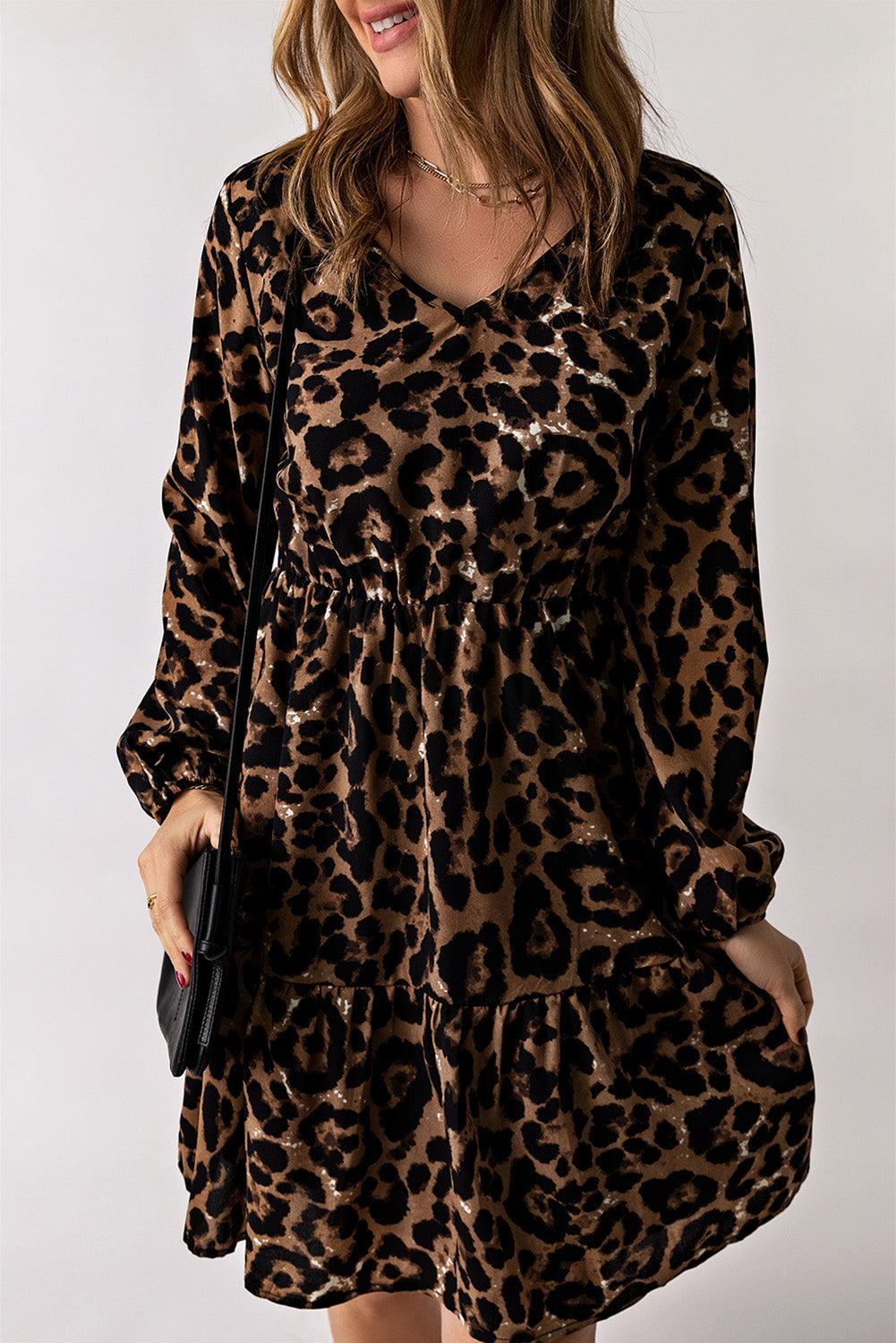 Leopard V-Neck Balloon Sleeve Tiered Dress BLUE ZONE PLANET