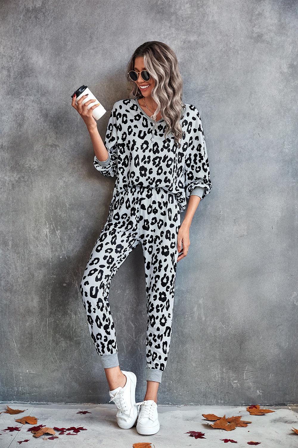 Leopard V-Neck Dropped Shoulder Loungewear Set BLUE ZONE PLANET