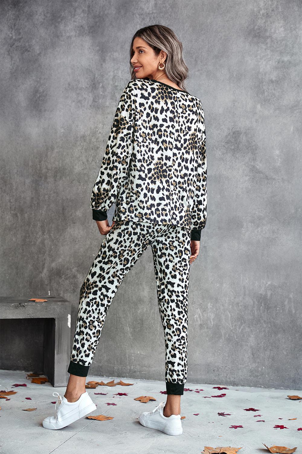 Leopard V-Neck Dropped Shoulder Loungewear Set-TOPS / DRESSES-[Adult]-[Female]-2022 Online Blue Zone Planet