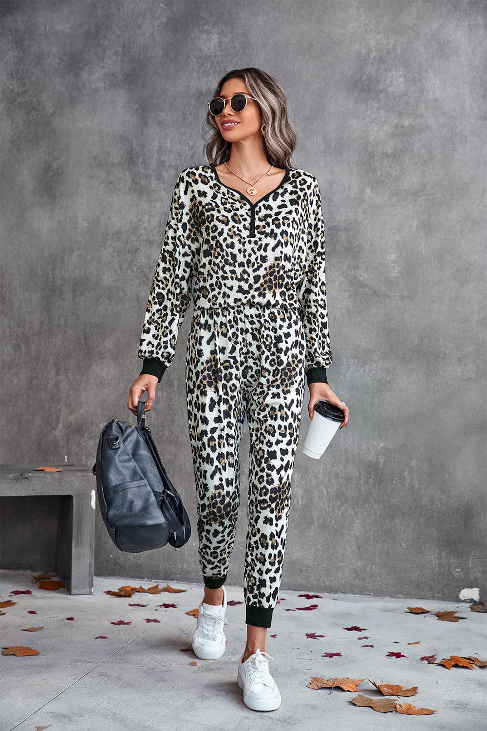 Leopard V-Neck Dropped Shoulder Loungewear Set BLUE ZONE PLANET