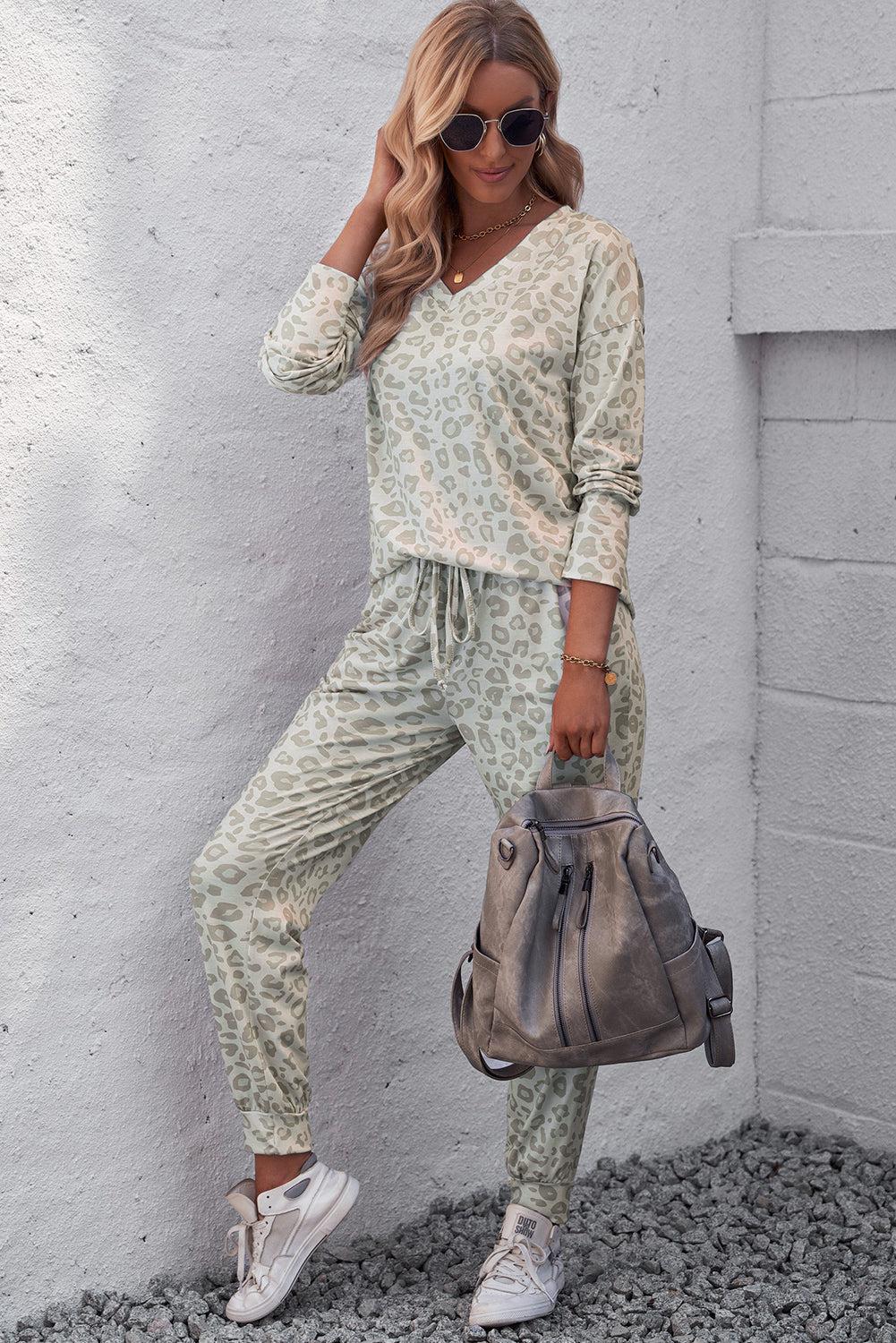 Leopard V-Neck Top and Drawstring Joggers Lounge Set BLUE ZONE PLANET