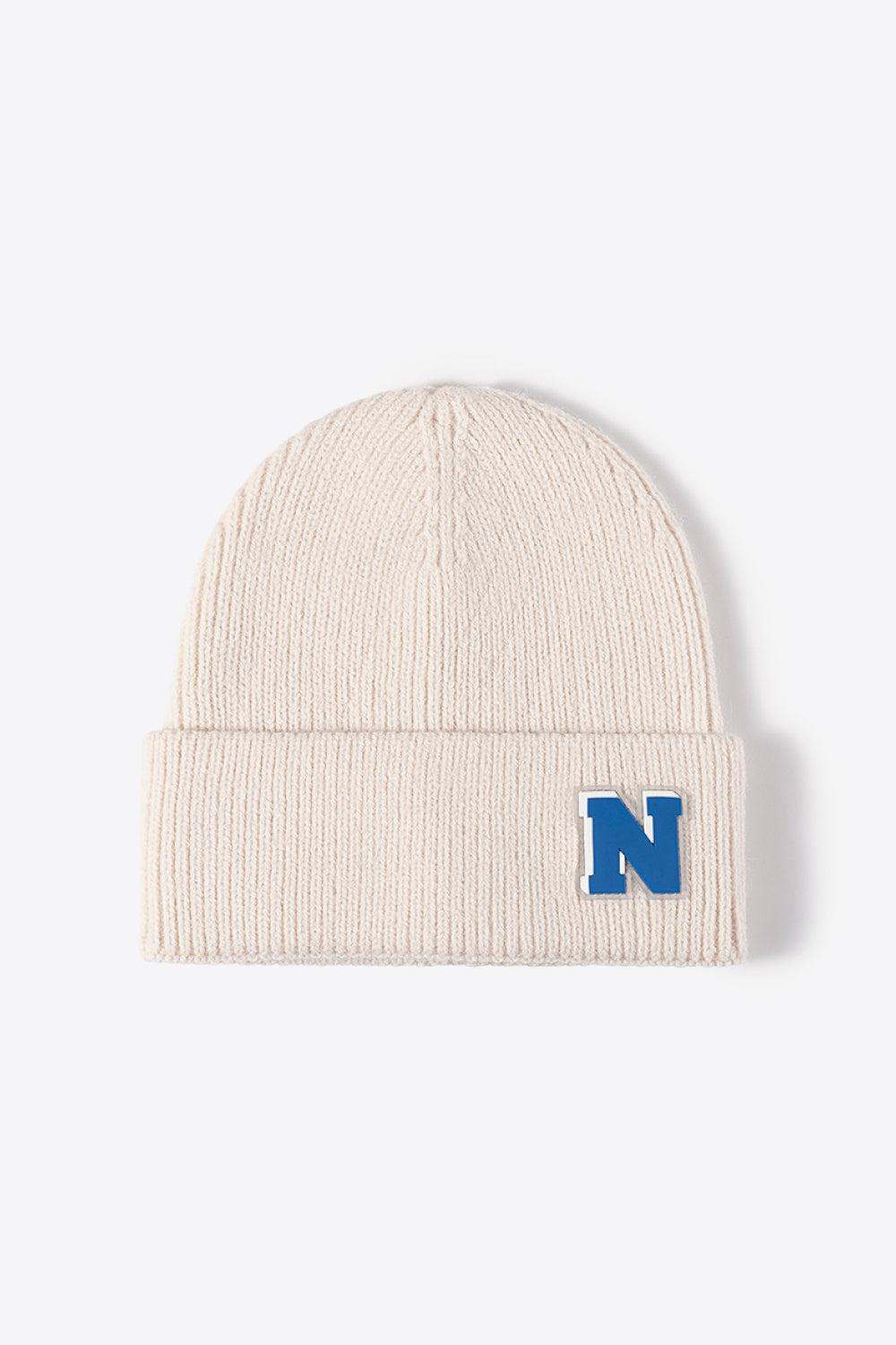 Letter N Patch Cuffed Knit Beanie-[Adult]-[Female]-Beige-One Size-2022 Online Blue Zone Planet