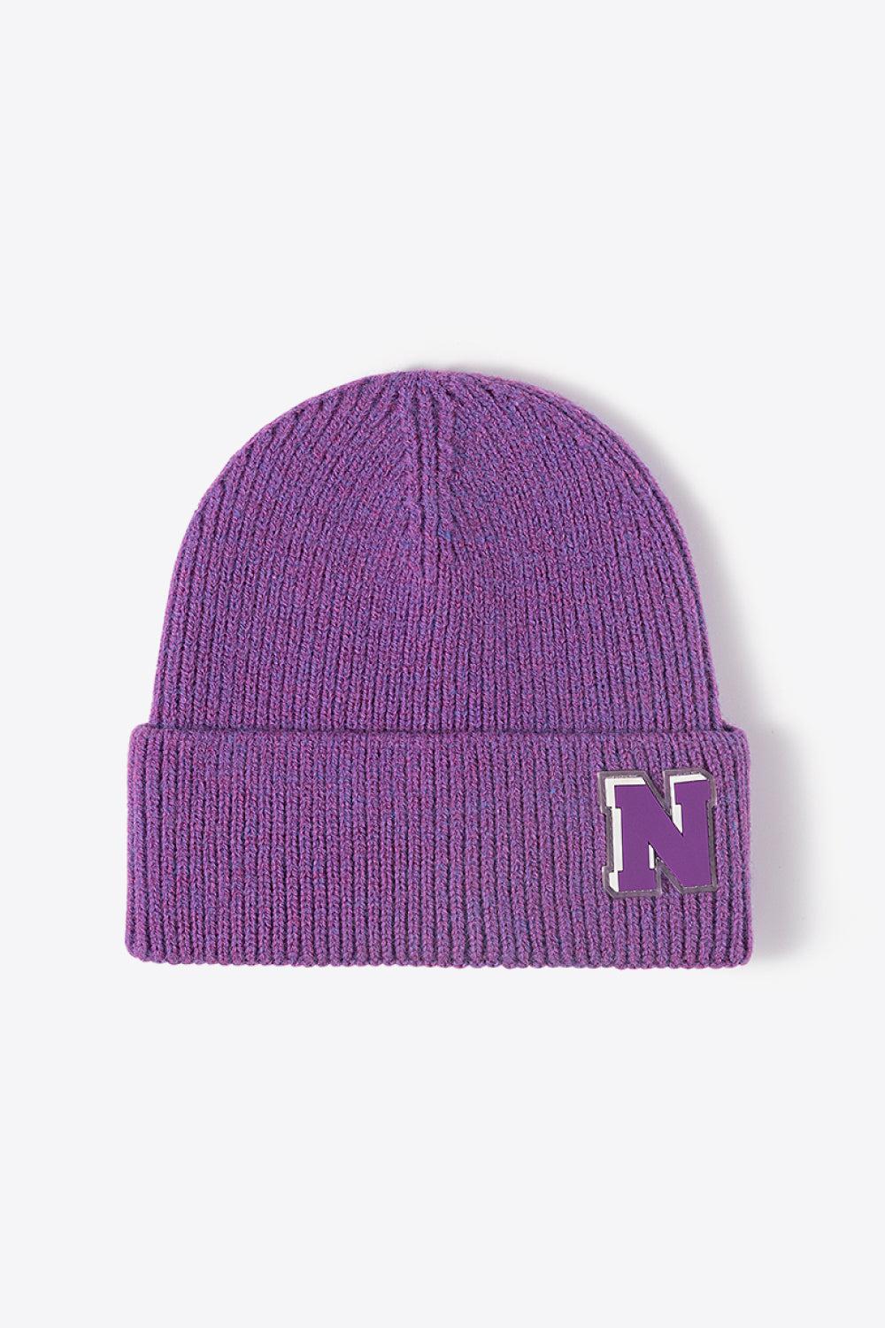 Letter N Patch Cuffed Knit Beanie-[Adult]-[Female]-Purple-One Size-2022 Online Blue Zone Planet