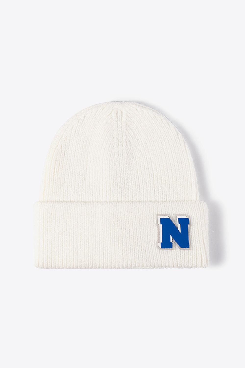 Letter N Patch Cuffed Knit Beanie-[Adult]-[Female]-White-One Size-2022 Online Blue Zone Planet