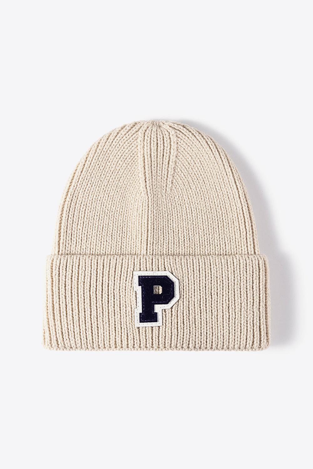 Letter Patch Cuffed Knit Beanie-[Adult]-[Female]-Beige-One Size-2022 Online Blue Zone Planet
