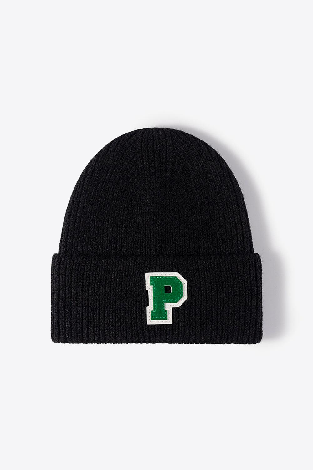 Letter Patch Cuffed Knit Beanie-[Adult]-[Female]-Black-One Size-2022 Online Blue Zone Planet