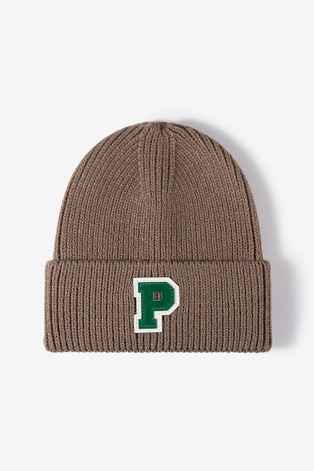 Letter Patch Cuffed Knit Beanie-[Adult]-[Female]-Brown-One Size-2022 Online Blue Zone Planet