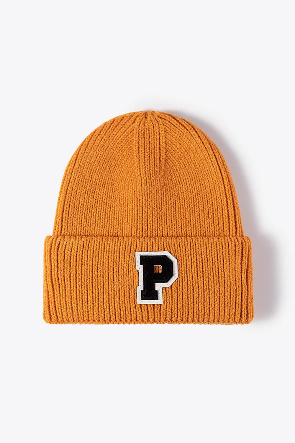 Letter Patch Cuffed Knit Beanie-[Adult]-[Female]-Orange-One Size-2022 Online Blue Zone Planet