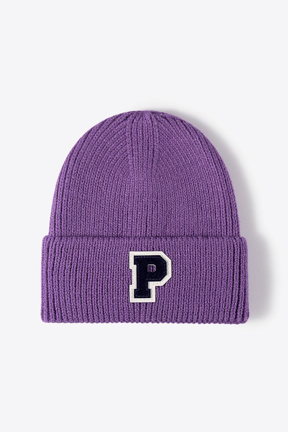 Letter Patch Cuffed Knit Beanie-[Adult]-[Female]-Purple-One Size-2022 Online Blue Zone Planet
