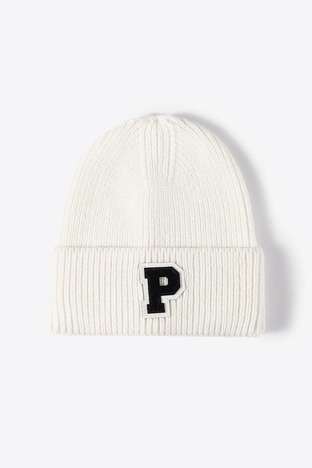 Letter Patch Cuffed Knit Beanie-[Adult]-[Female]-White-One Size-2022 Online Blue Zone Planet