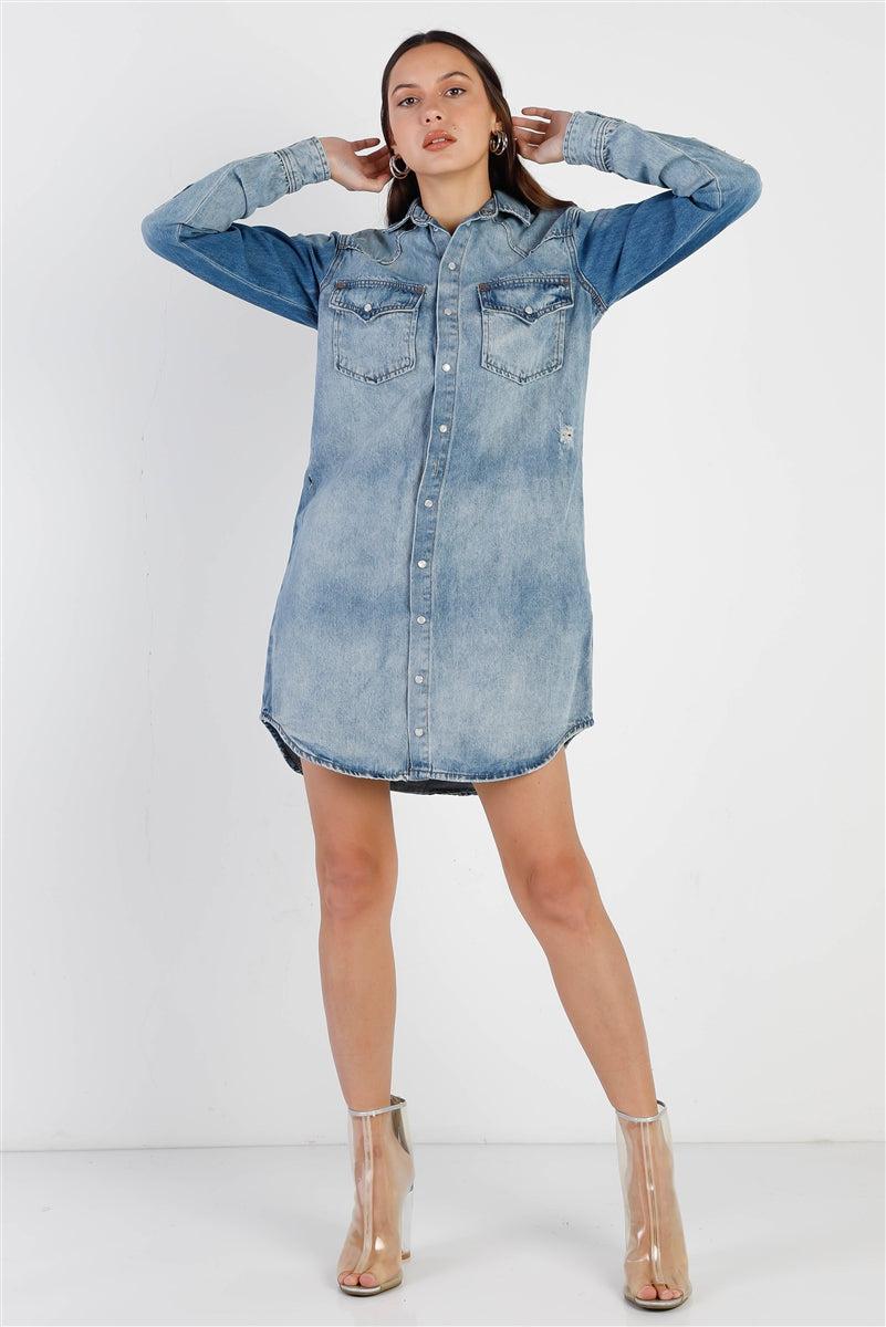 Light Denim Cotton Button Up Long Shirt & Mini Skirt Set-[Adult]-[Female]-Blue Zone Planet