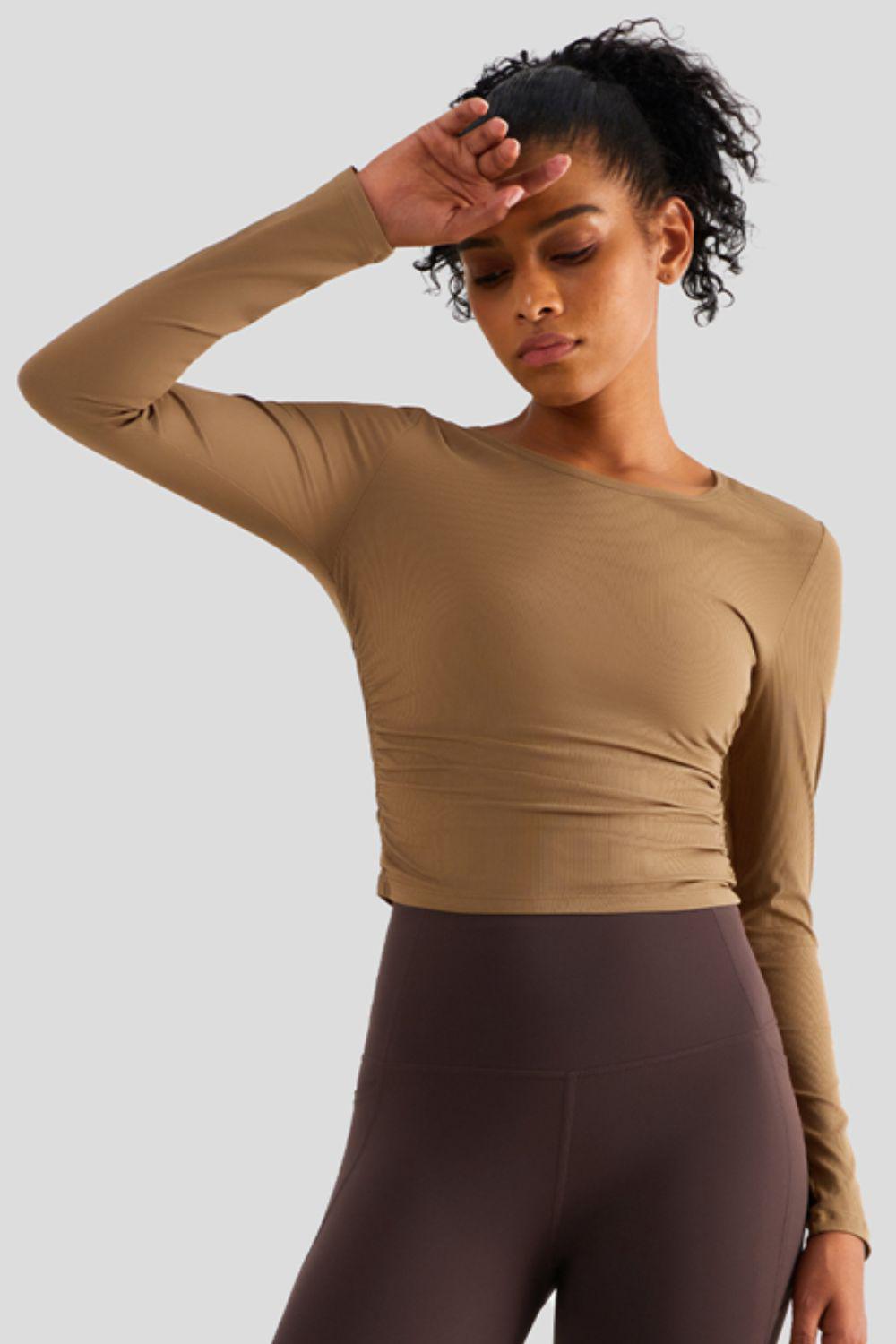 Lightweight Round Neck Long Sleeve Sports Top-TOPS / DRESSES-[Adult]-[Female]-Brown-4-2022 Online Blue Zone Planet