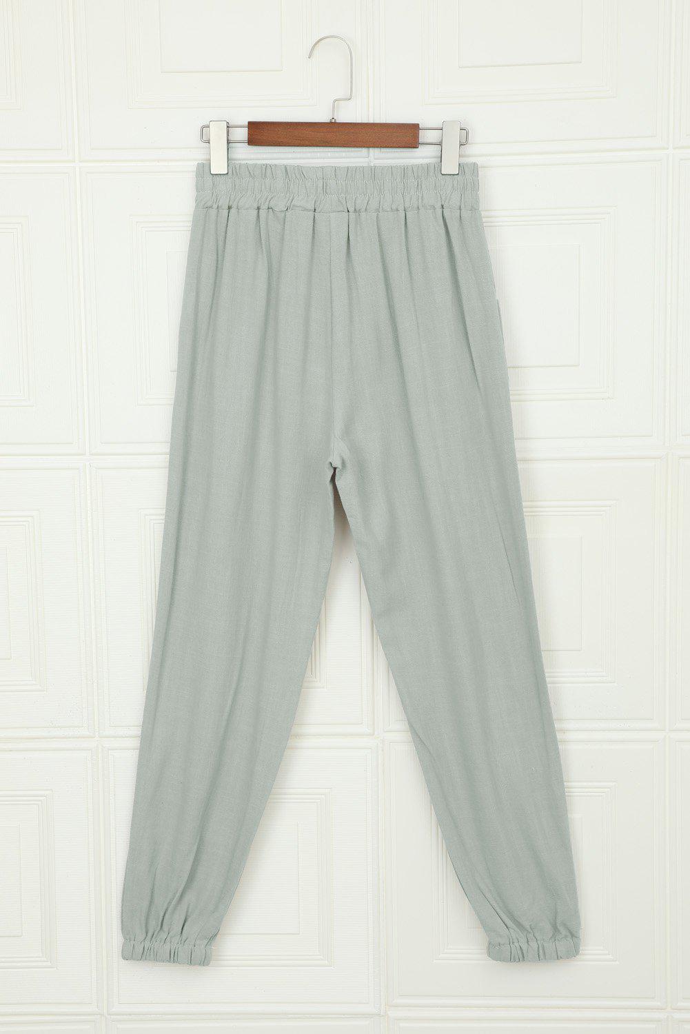 Linen Pocketed Elastic Waistband Joggers-BOTTOMS SML-[Adult]-[Female]-Gray-S-Blue Zone Planet