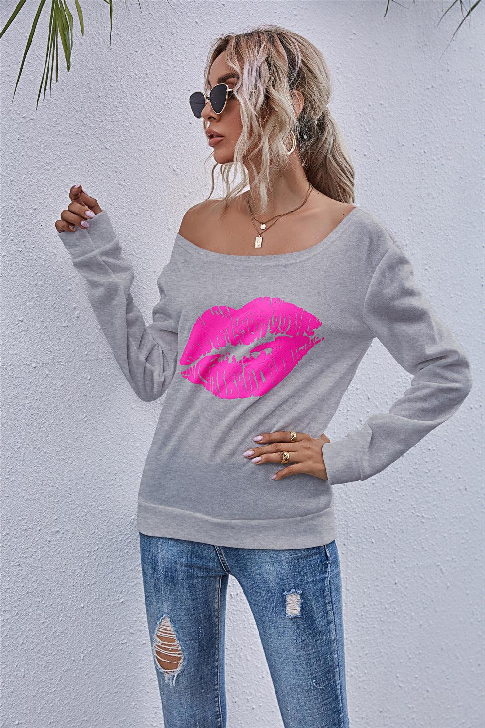 Lip Graphic Off-Shoulder Sweatshirt BLUE ZONE PLANET