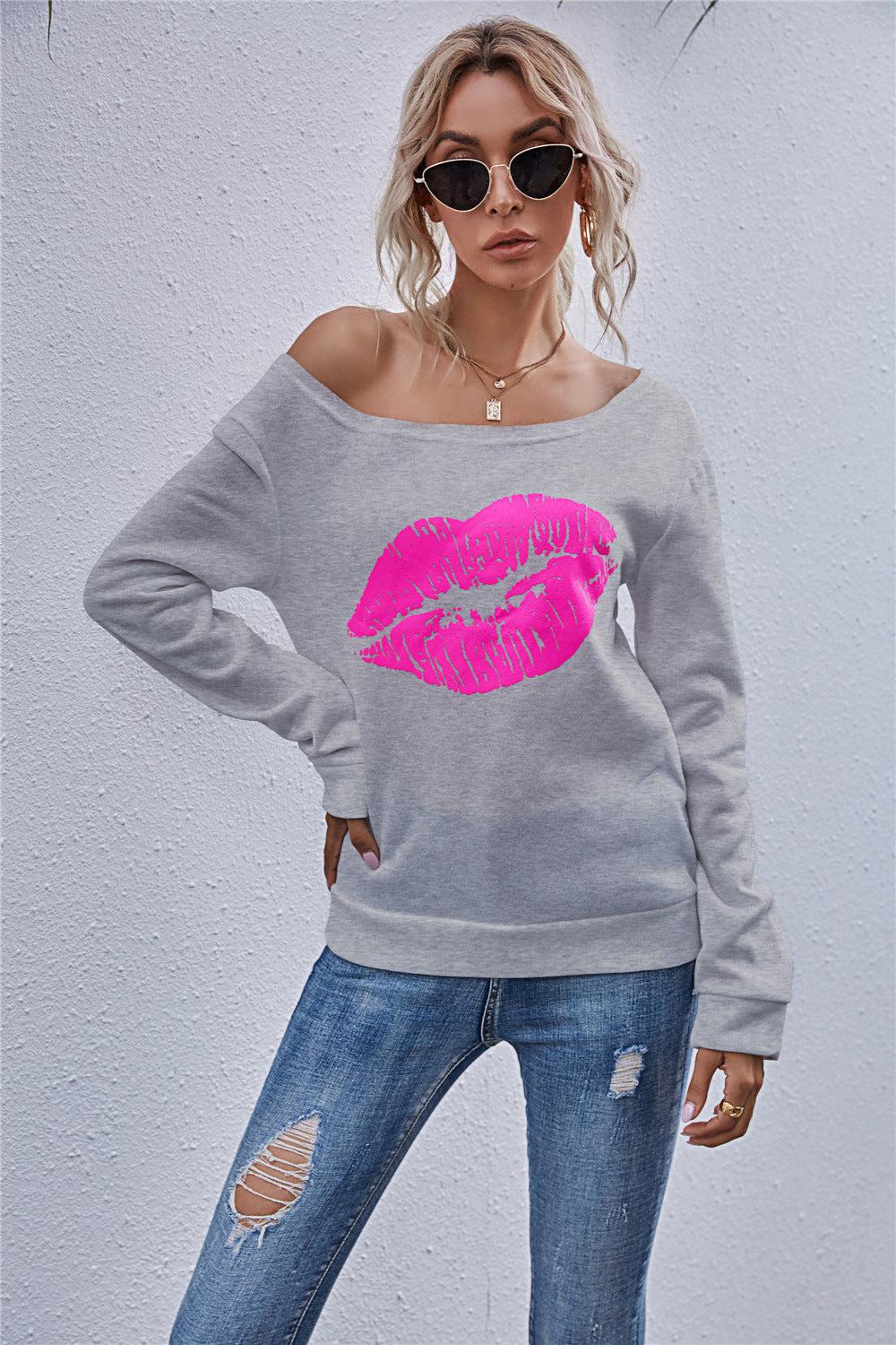 Lip Graphic Off-Shoulder Sweatshirt BLUE ZONE PLANET