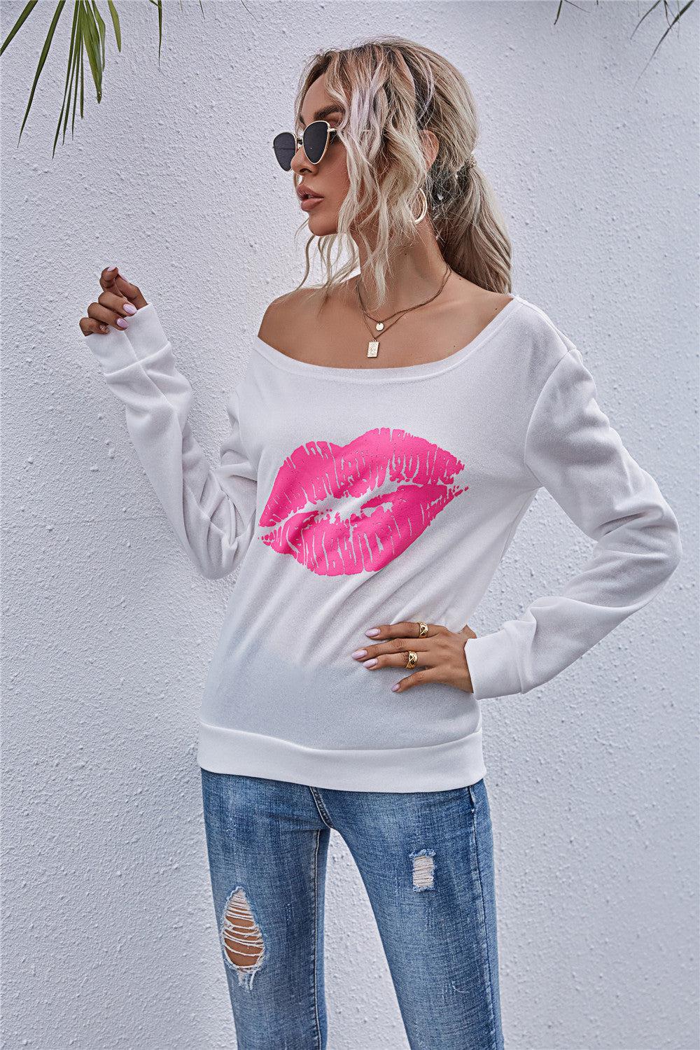 Lip Graphic Off-Shoulder Sweatshirt BLUE ZONE PLANET