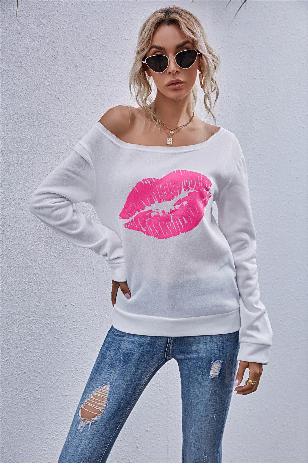 Lip Graphic Off-Shoulder Sweatshirt BLUE ZONE PLANET