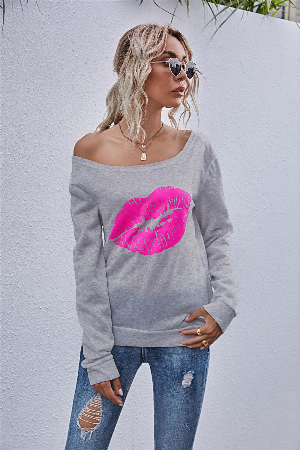 Lip Graphic Off-Shoulder Sweatshirt BLUE ZONE PLANET