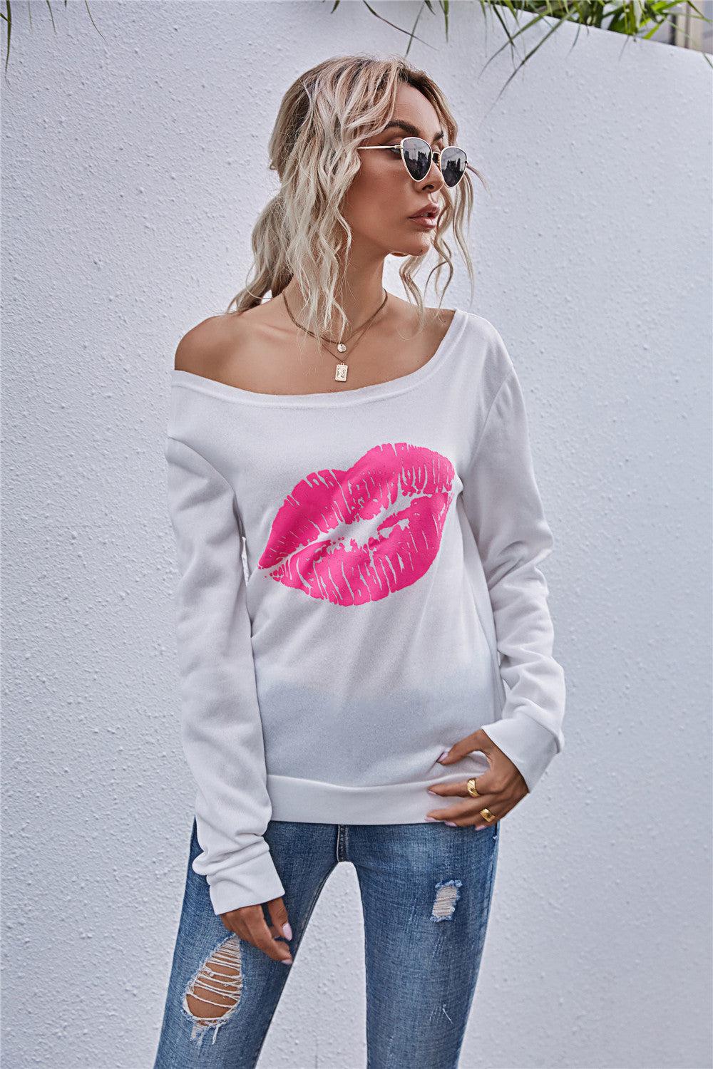 Lip Graphic Off-Shoulder Sweatshirt BLUE ZONE PLANET