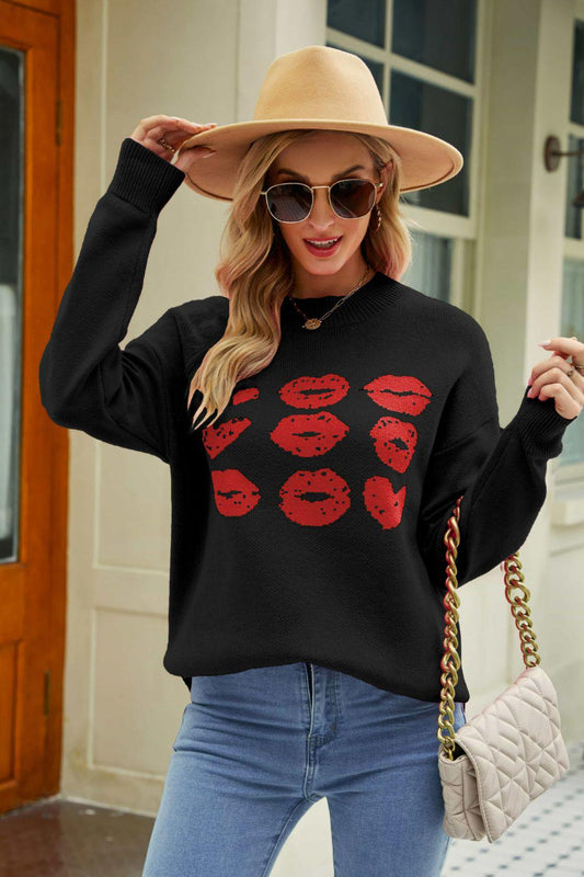 Lip Graphic Slit Dropped Shoulder Sweater BLUE ZONE PLANET