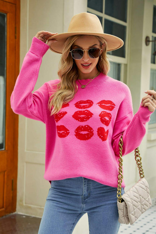 Lip Graphic Slit Dropped Shoulder Sweater BLUE ZONE PLANET