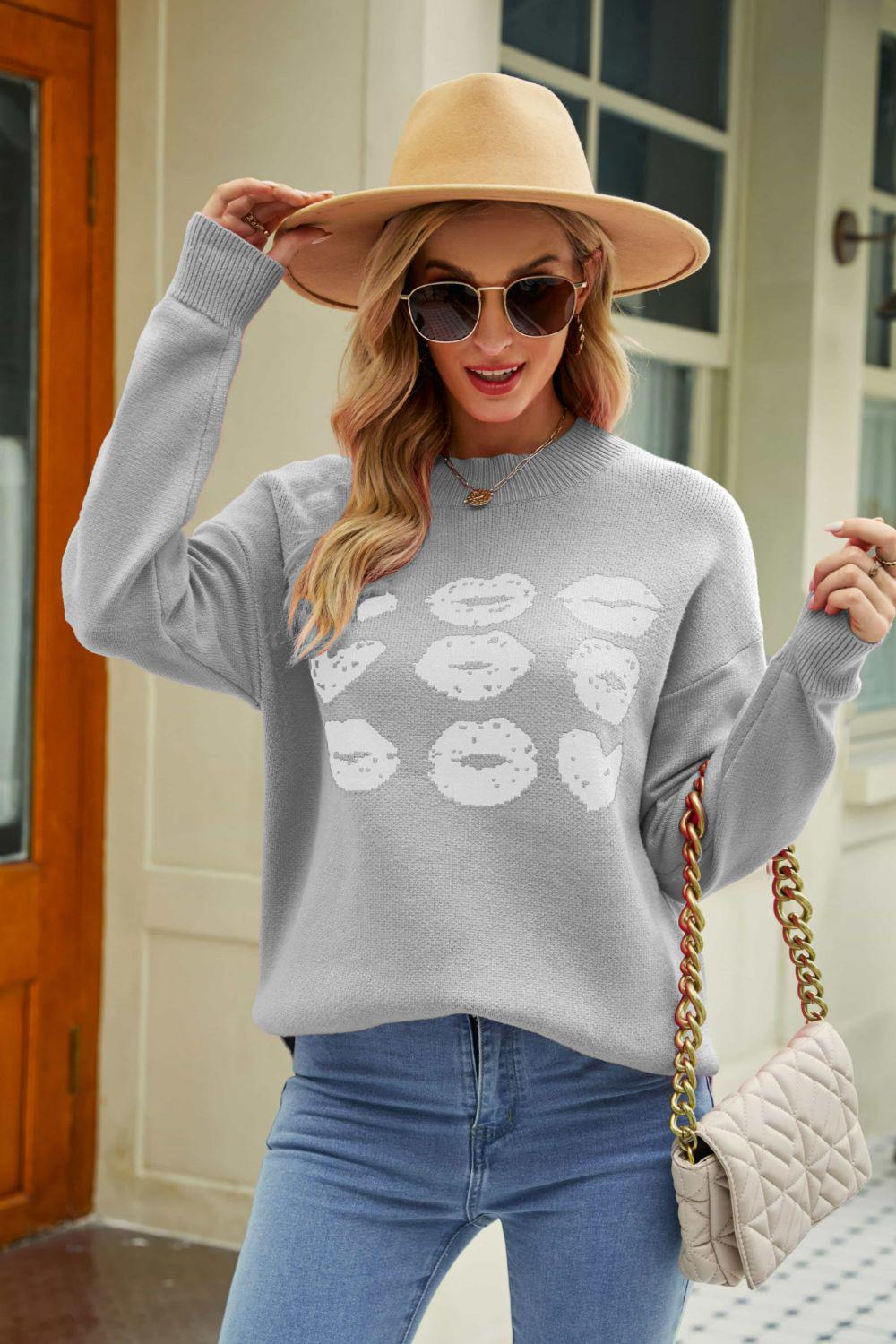 Lip Graphic Slit Dropped Shoulder Sweater BLUE ZONE PLANET
