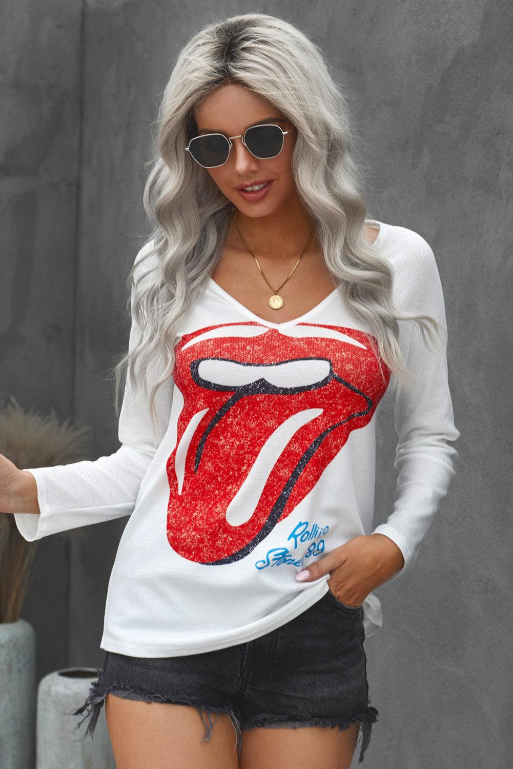 Lips Graphic V-neck T-Shirt-TOPS / DRESSES-[Adult]-[Female]-Blue Zone Planet