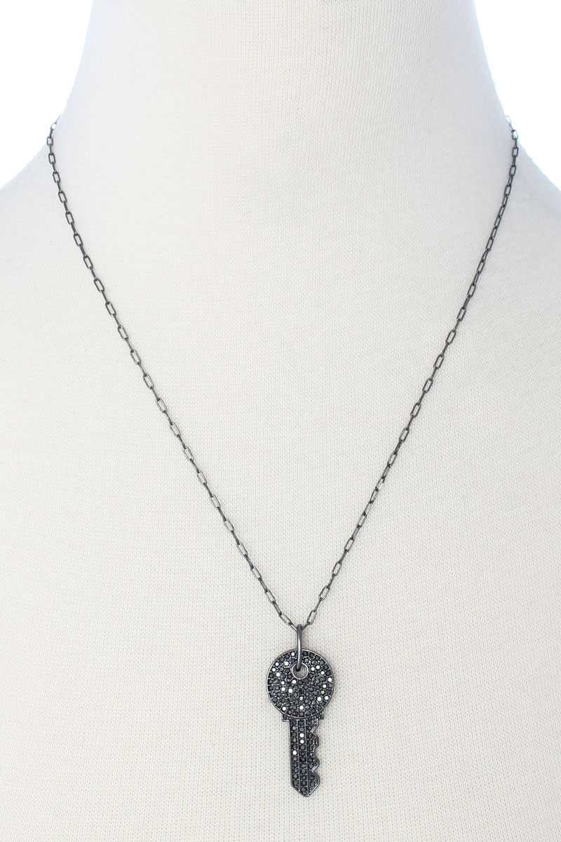 Long Necklace with Rhinestone Key Pendant-NECKLACE-[Adult]-[Female]-Black-Blue Zone Planet