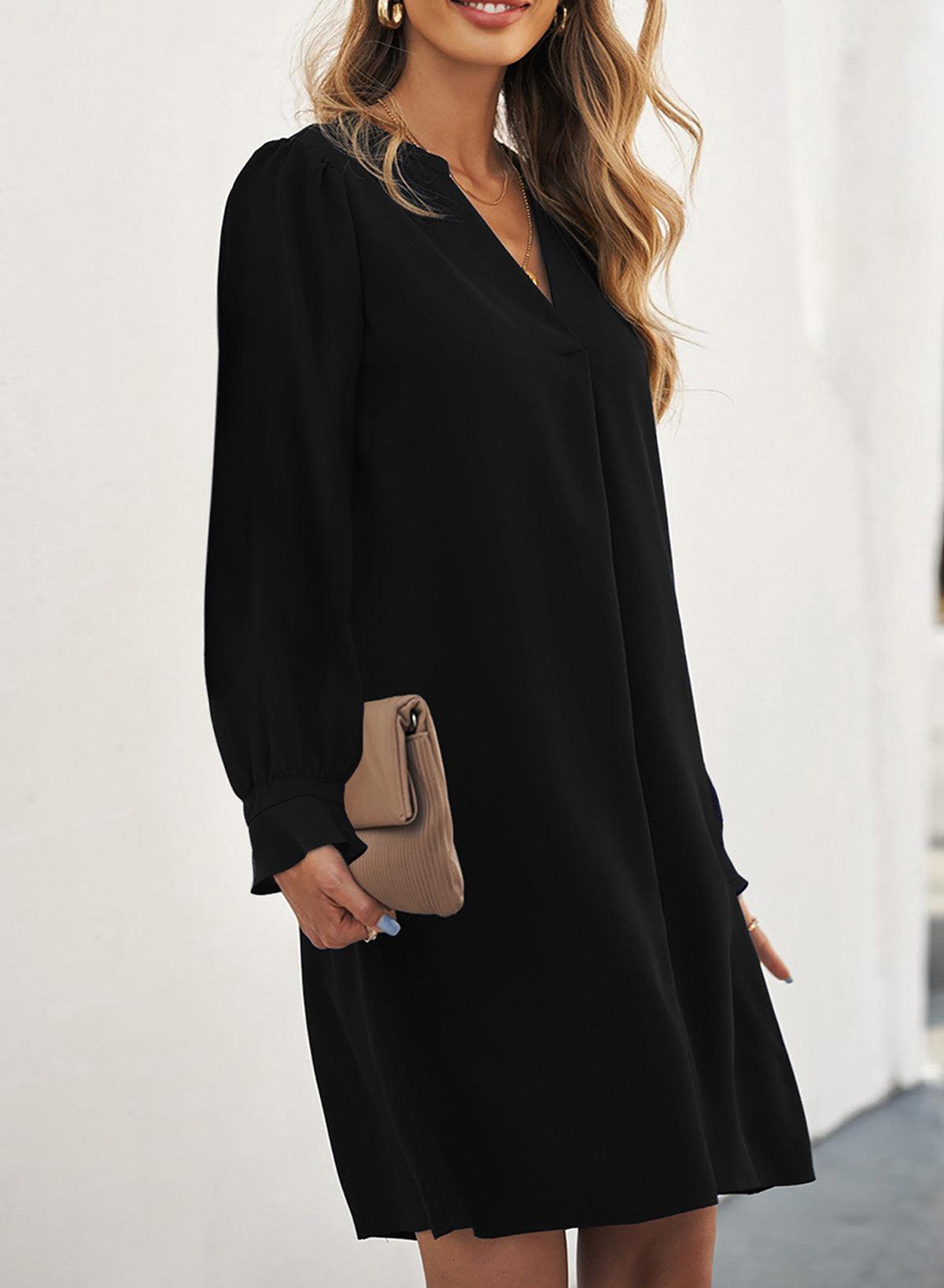 Long Puff Sleeve Notched Neck Dress BLUE ZONE PLANET