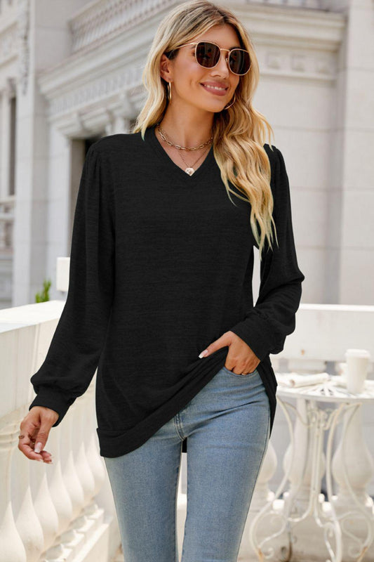 Long Puff Sleeve V-Neck Top BLUE ZONE PLANET