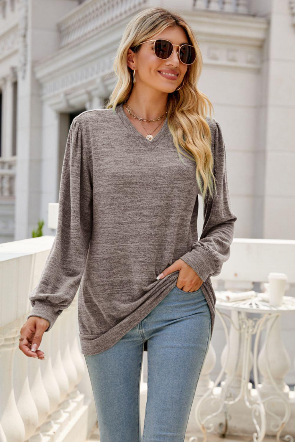 Long Puff Sleeve V-Neck Top-TOPS / DRESSES-[Adult]-[Female]-Taupe-S-2022 Online Blue Zone Planet