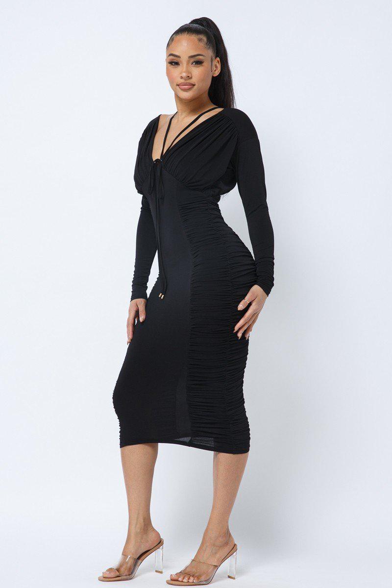 Long Sleeve Midi Dress With Low V Neck Front And Back With Ruching On Sides And Chest-[Adult]-[Female]-Blue Zone Planet