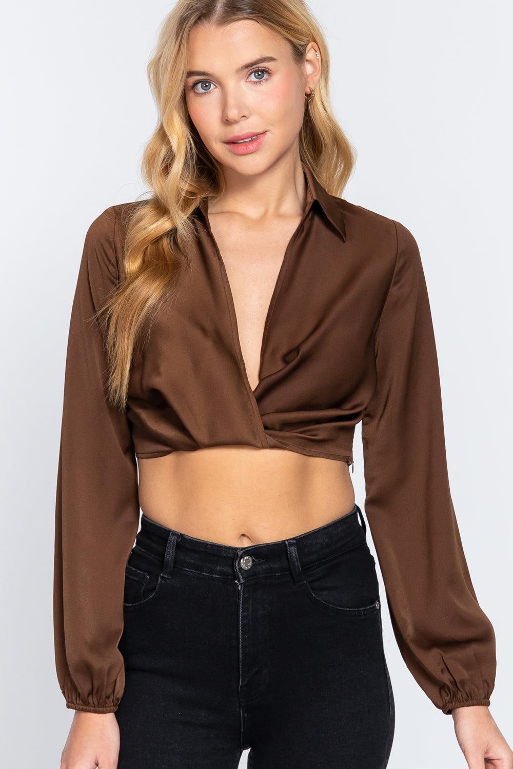 Long Sleeve Notched Collar Front Twisted Detail Crop Woven Top Blue Zone Planet