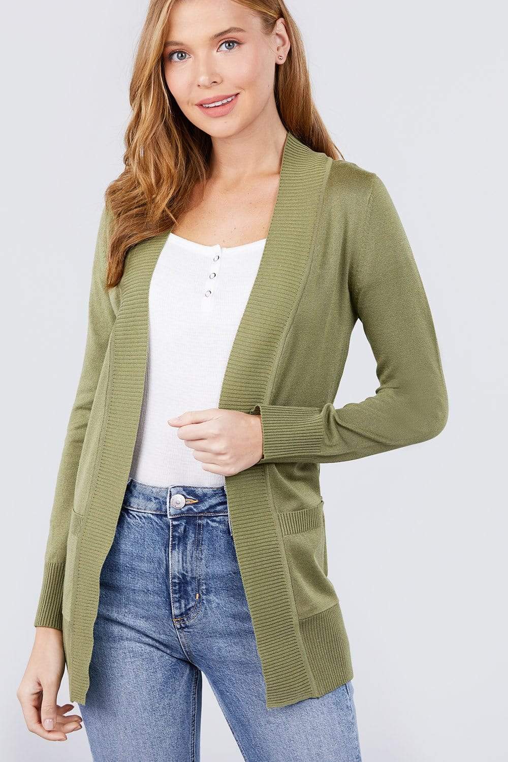 Long Sleeve Rib Banded Open Sweater Cardigan With Pockets-TOPS / DRESSES-[Adult]-[Female]-Avocado-S-Blue Zone Planet