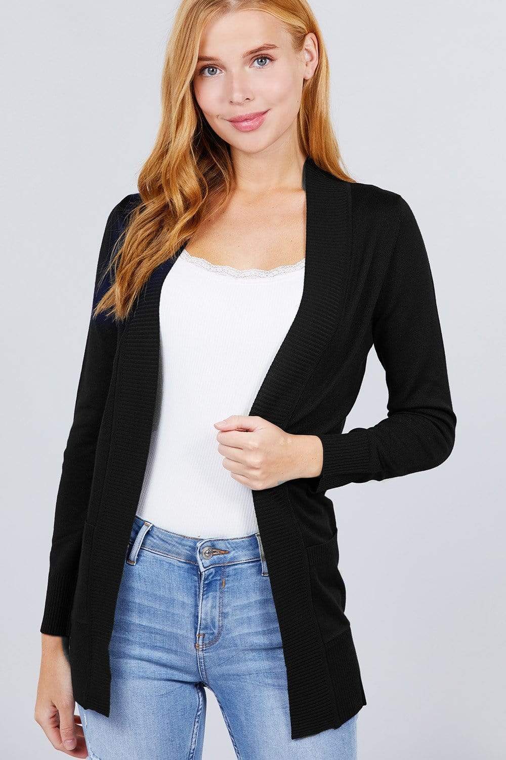 Long Sleeve Rib Banded Open Sweater Cardigan With Pockets-TOPS / DRESSES-[Adult]-[Female]-Black-S-Blue Zone Planet